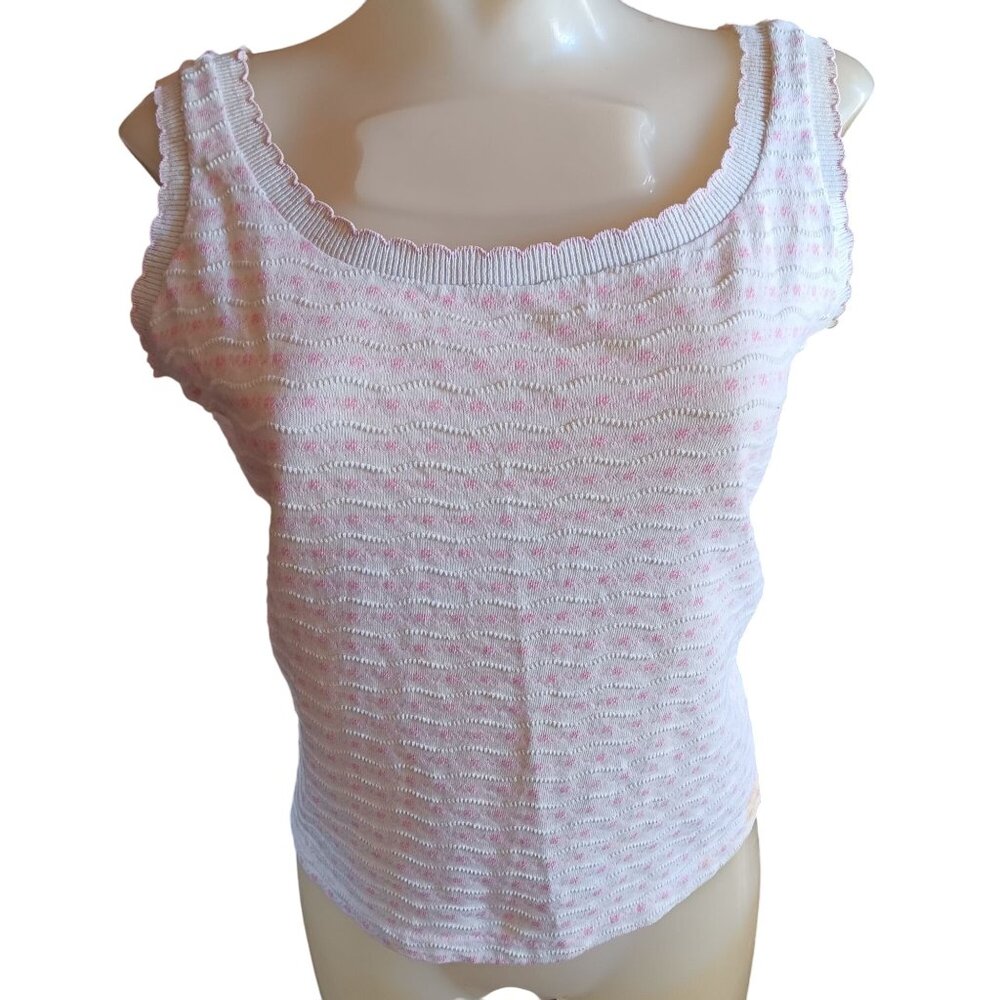 Vintage Women's Medium Cropped Tank Top Sleeveless Textured White Pink Distress